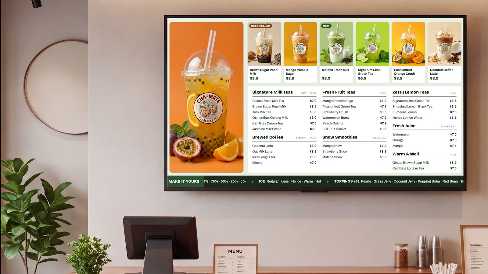 Animated menu board playing on a bubble tea shop's counter TV