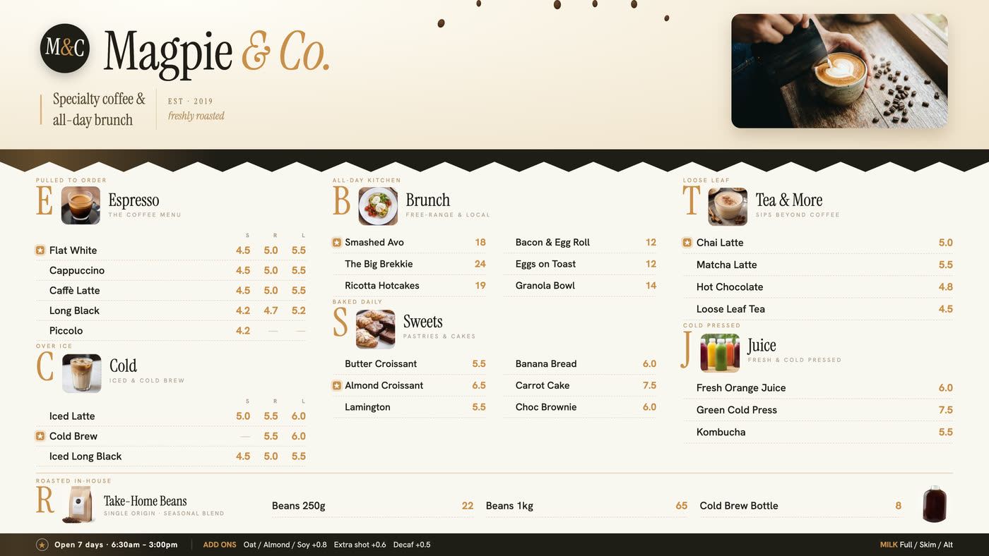 Café & Brunch animated digital menu board designed by Lumenfire Lab
